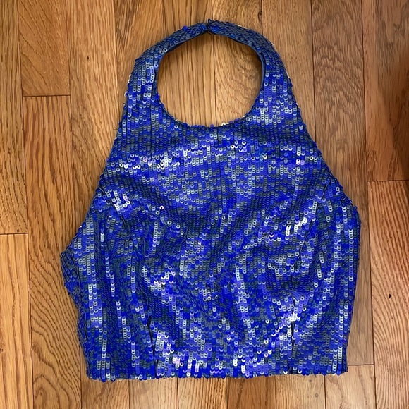 DRESS THE POPULATION Ashton Sequin Halter Top Blue size SMALL - Picture 8 of 10